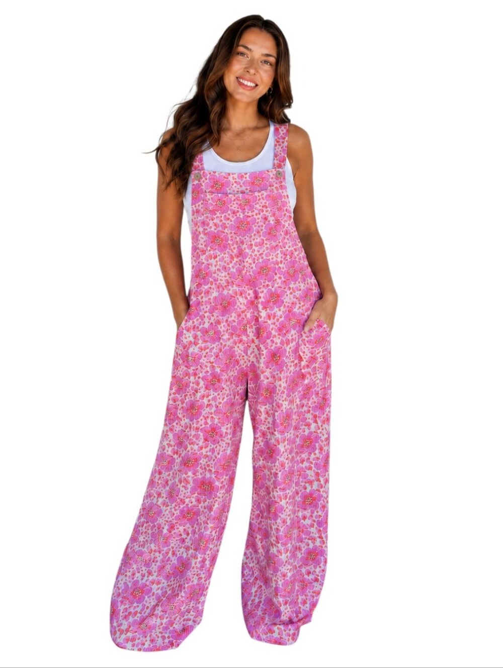 Blakeley Cassidy Pink Garden Floral Boho Wide Leg Overalls Jumpsuit L/XL